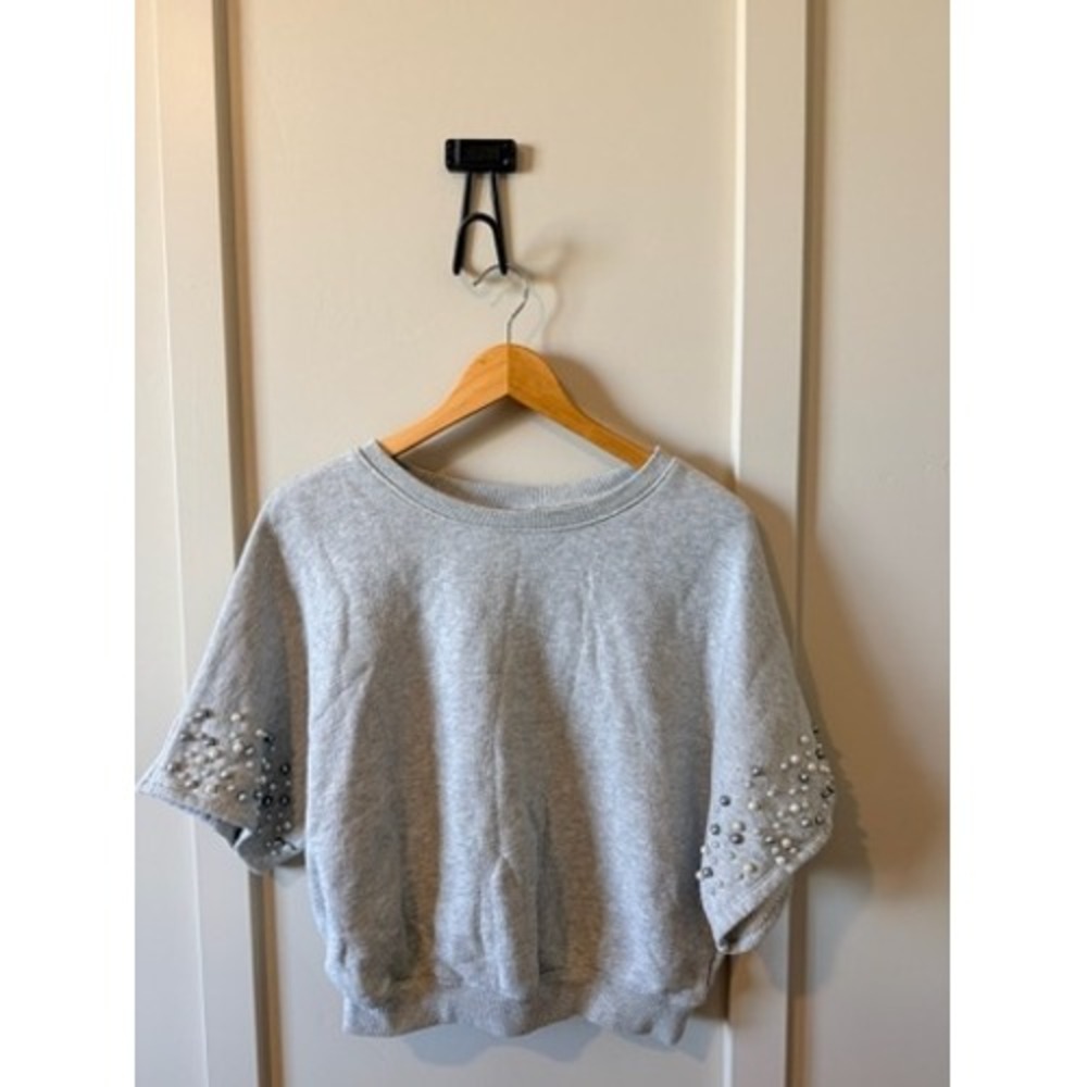 Anthropologie‎ Postmark Grey Pearl Embellished Short Sleeve Sweatshirt XS Cotton